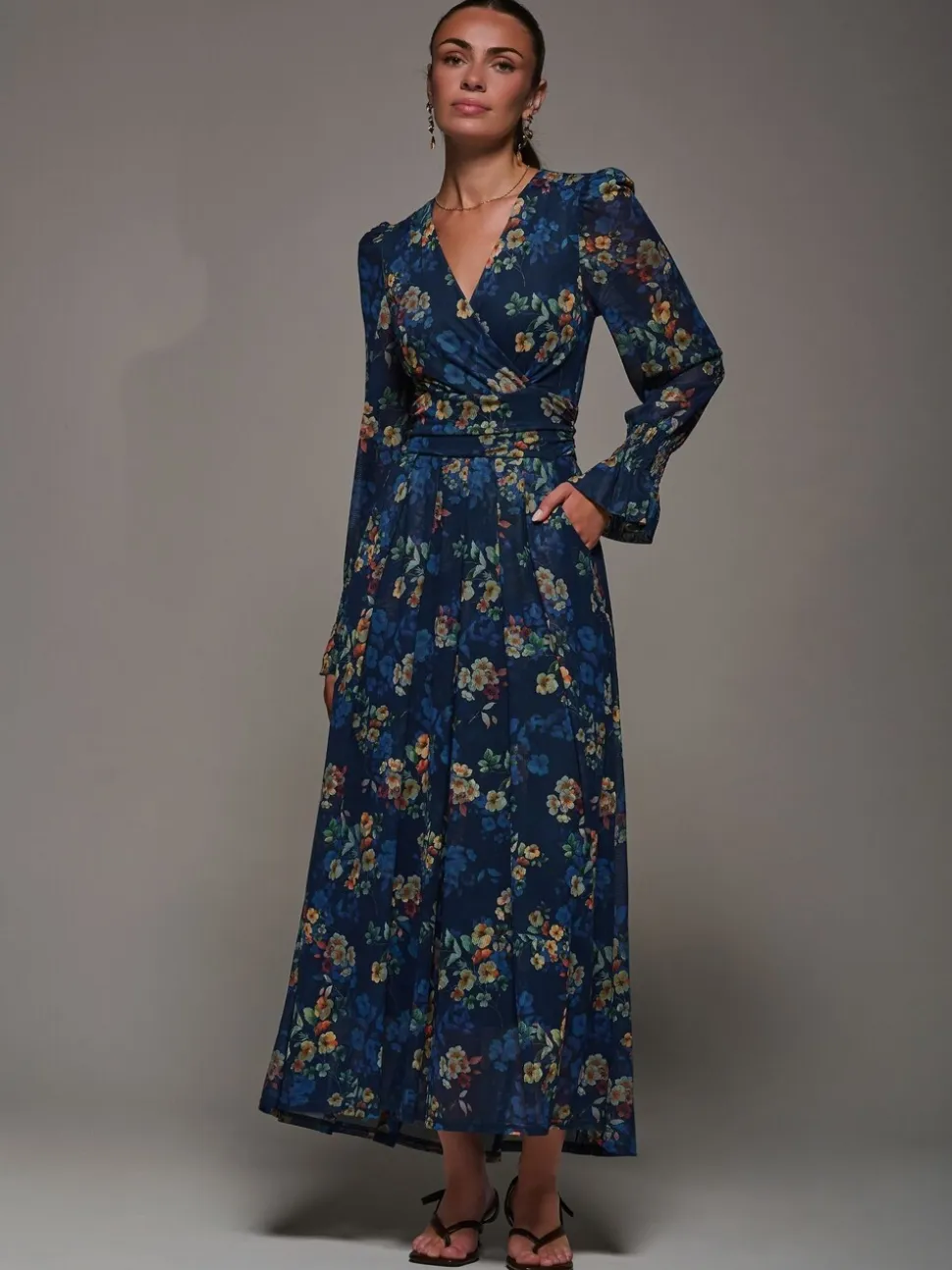 Jolie Moi Blue Long Sleeve Mesh Maxi Dress