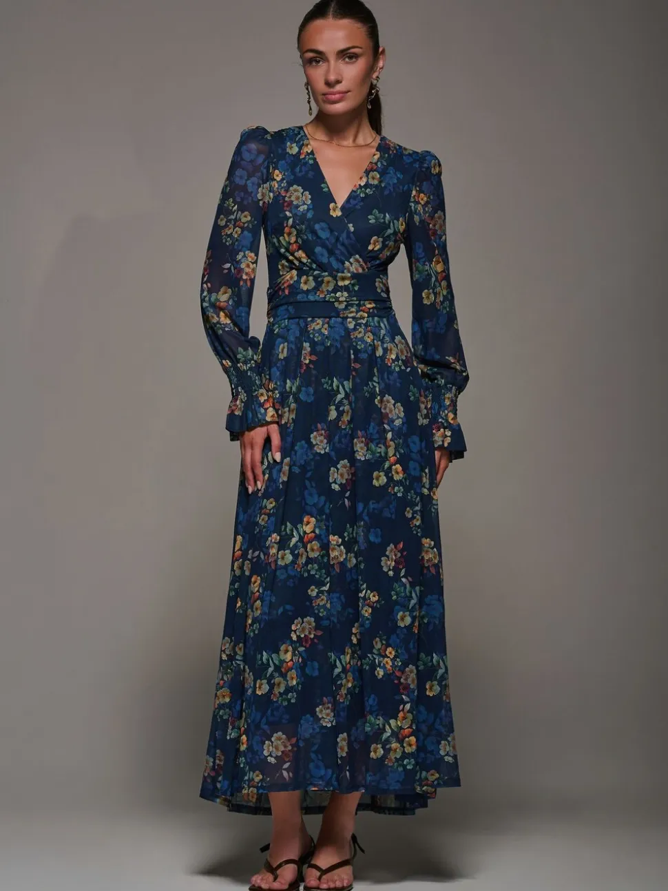 Jolie Moi Blue Long Sleeve Mesh Maxi Dress