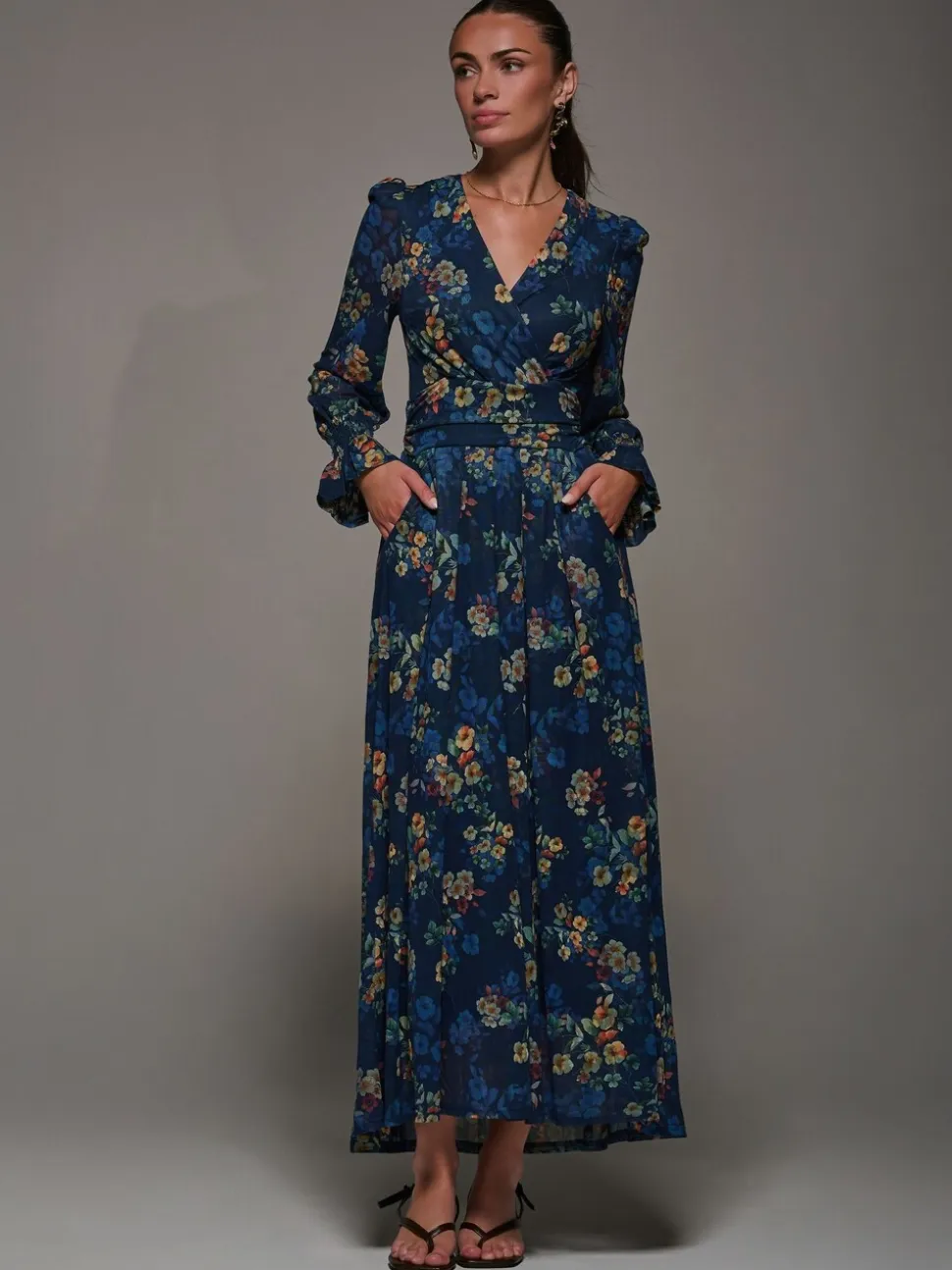 Jolie Moi Blue Long Sleeve Mesh Maxi Dress