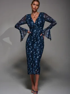 Jolie Moi Blue Long Sleeve Mesh Bodycon Dress
