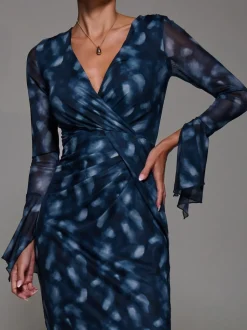Jolie Moi Blue Long Sleeve Mesh Bodycon Dress