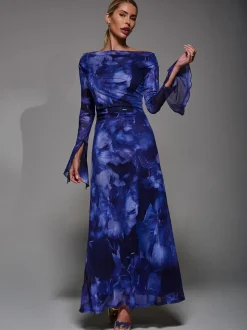 Jolie Moi Blue Long Sleeve Slash Neck Maxi Dress