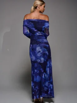 Jolie Moi Blue Long Sleeve Slash Neck Maxi Dress