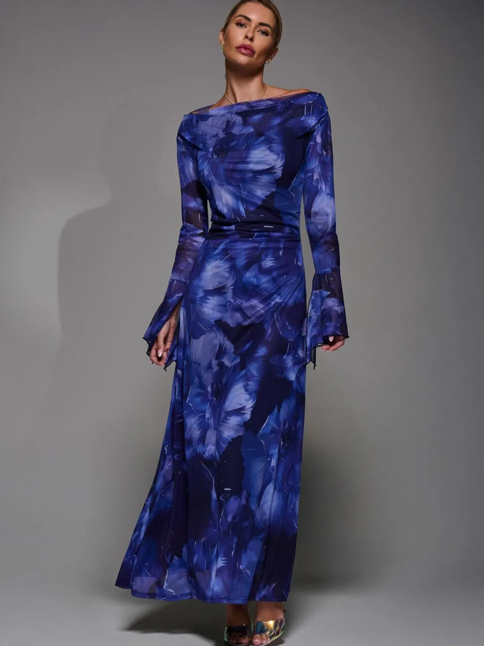 Jolie Moi Blue Long Sleeve Slash Neck Maxi Dress
