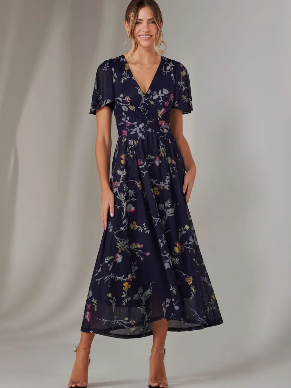 Jolie Moi Blue Mesh Short Sleeve Midaxi Dress