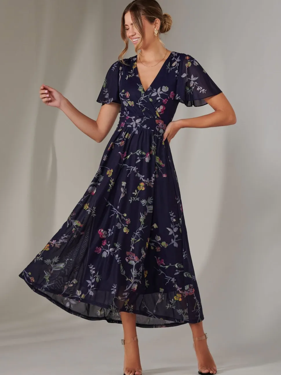 Jolie Moi Blue Mesh Short Sleeve Midaxi Dress