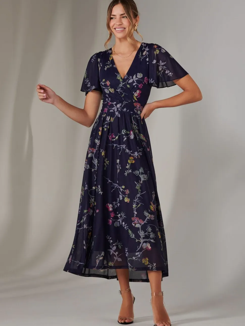Jolie Moi Blue Mesh Short Sleeve Midaxi Dress