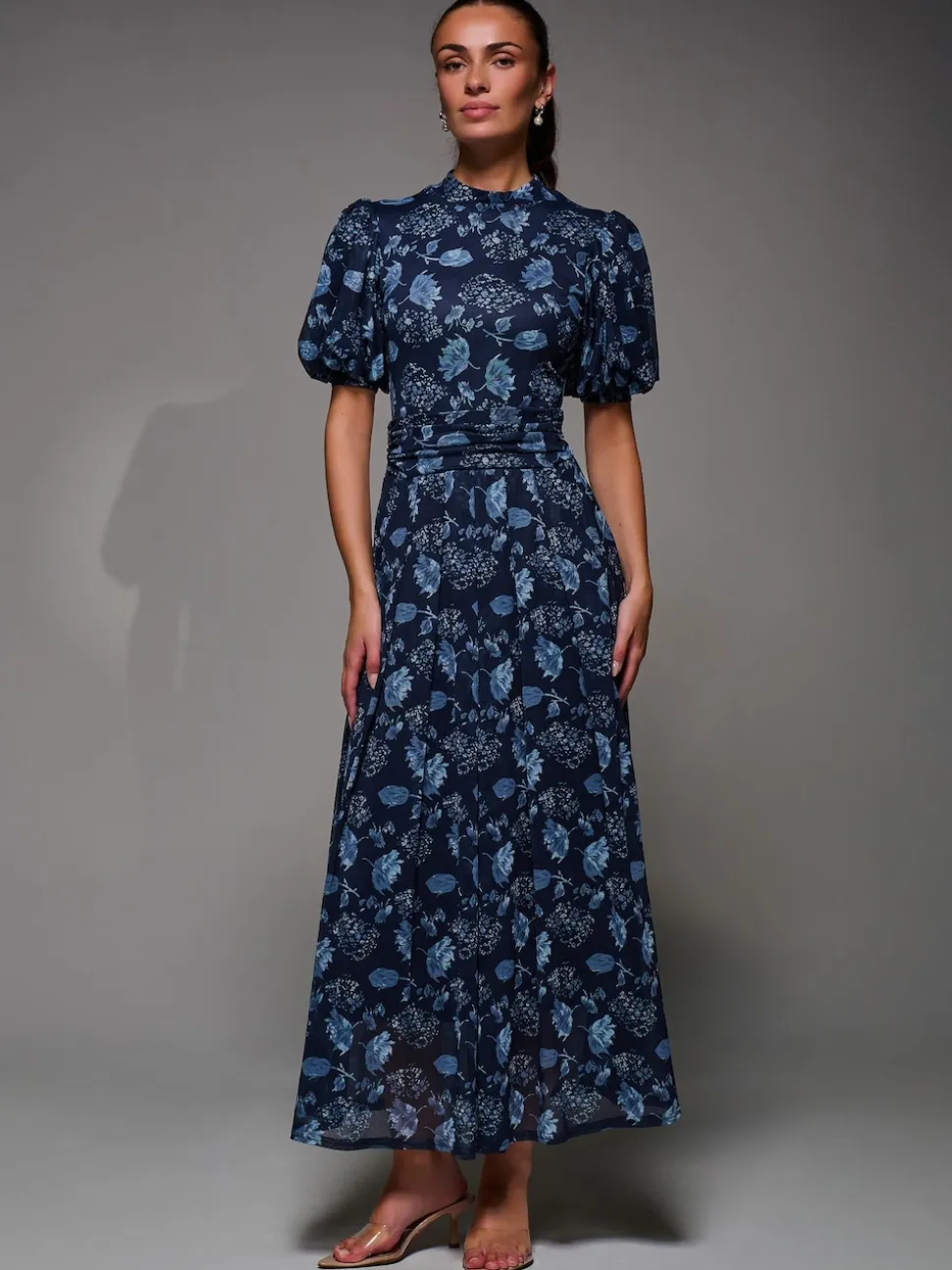 Jolie Moi Blue Puffy Sleeve Printed Mesh Maxi Dress