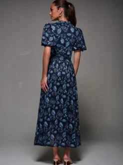 Jolie Moi Blue Puffy Sleeve Printed Mesh Maxi Dress