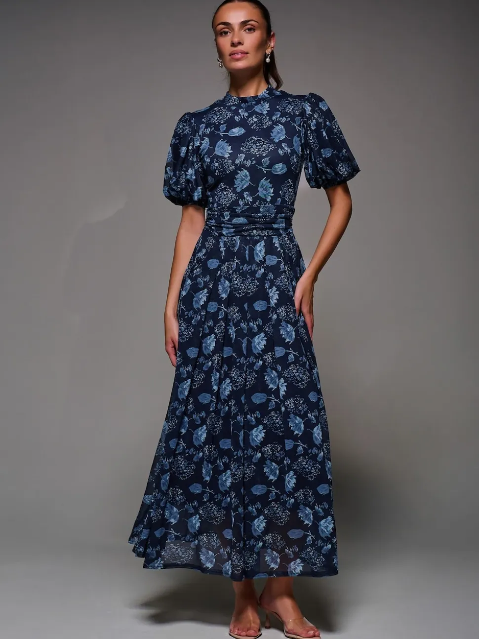 Jolie Moi Blue Puffy Sleeve Printed Mesh Maxi Dress