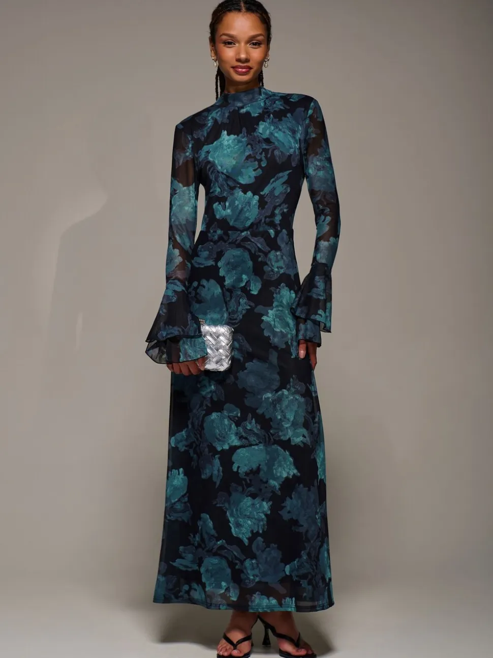 Jolie Moi Blue Ruffle Long Sleeve Mesh Maxi Dress