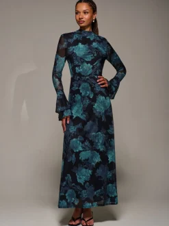 Jolie Moi Blue Ruffle Long Sleeve Mesh Maxi Dress
