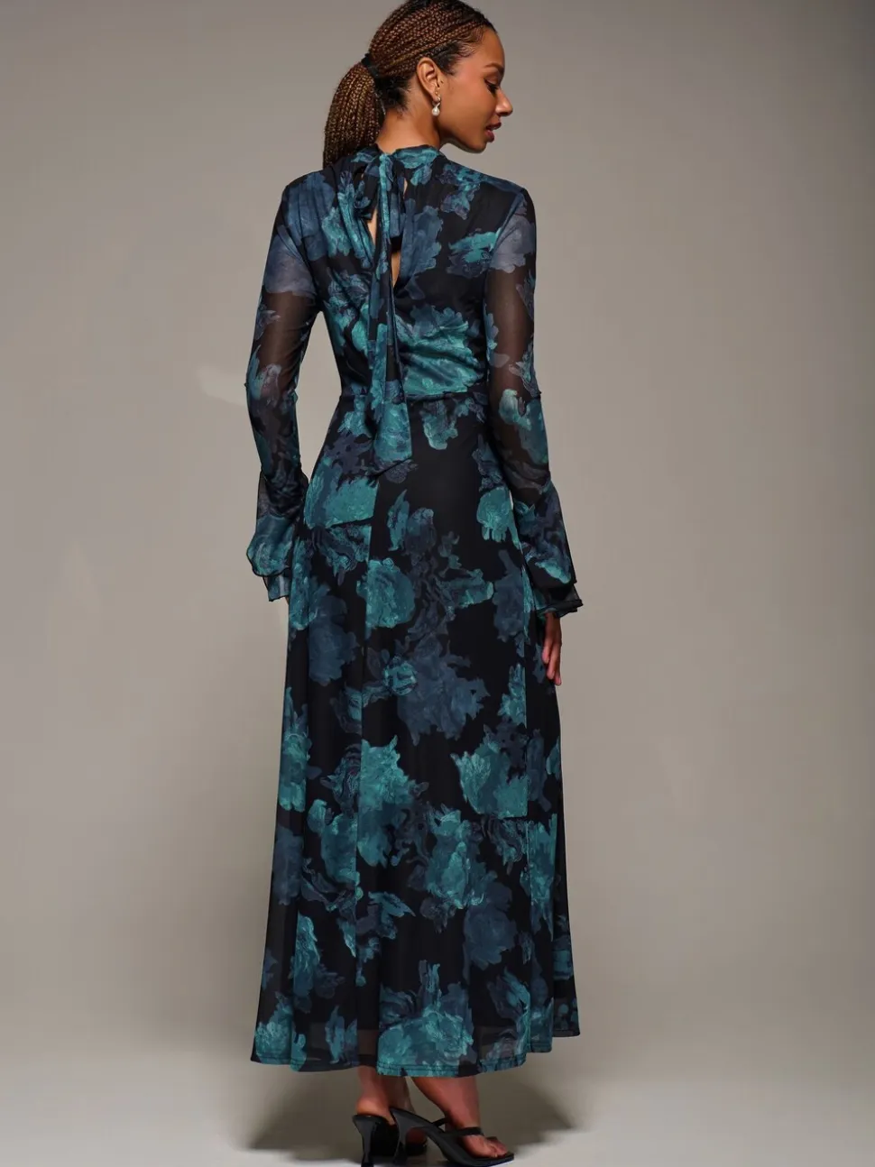 Jolie Moi Blue Ruffle Long Sleeve Mesh Maxi Dress