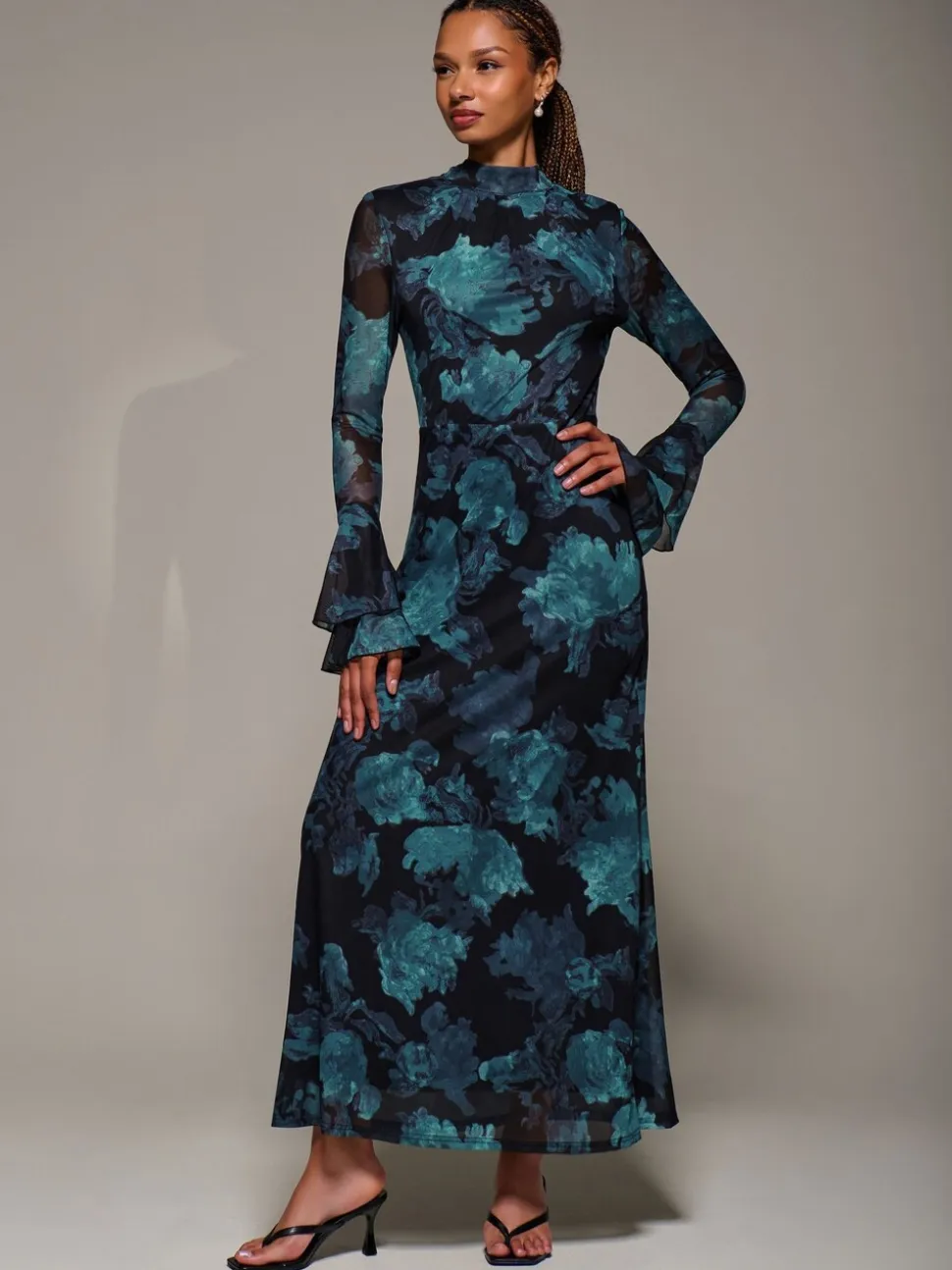 Jolie Moi Blue Ruffle Long Sleeve Mesh Maxi Dress