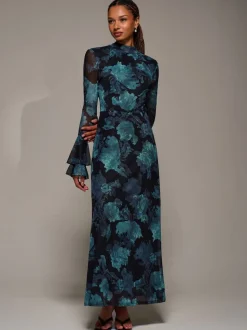 Jolie Moi Blue Ruffle Long Sleeve Mesh Maxi Dress