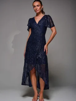 Jolie Moi Blue Sequin Angel Sleeve Ruffle Hem Maxi Dress