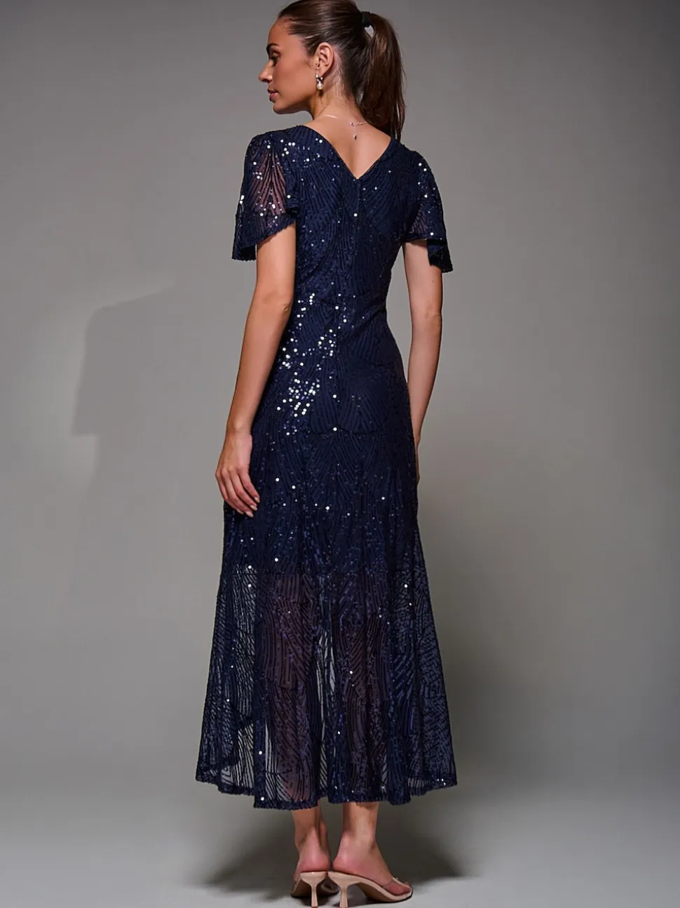 Jolie Moi Blue Sequin Angel Sleeve Ruffle Hem Maxi Dress