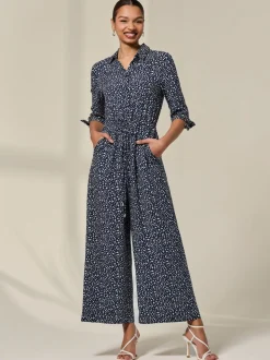 Jolie Moi Blue Tie Half Sleeve Wide Leg Jumpsuit