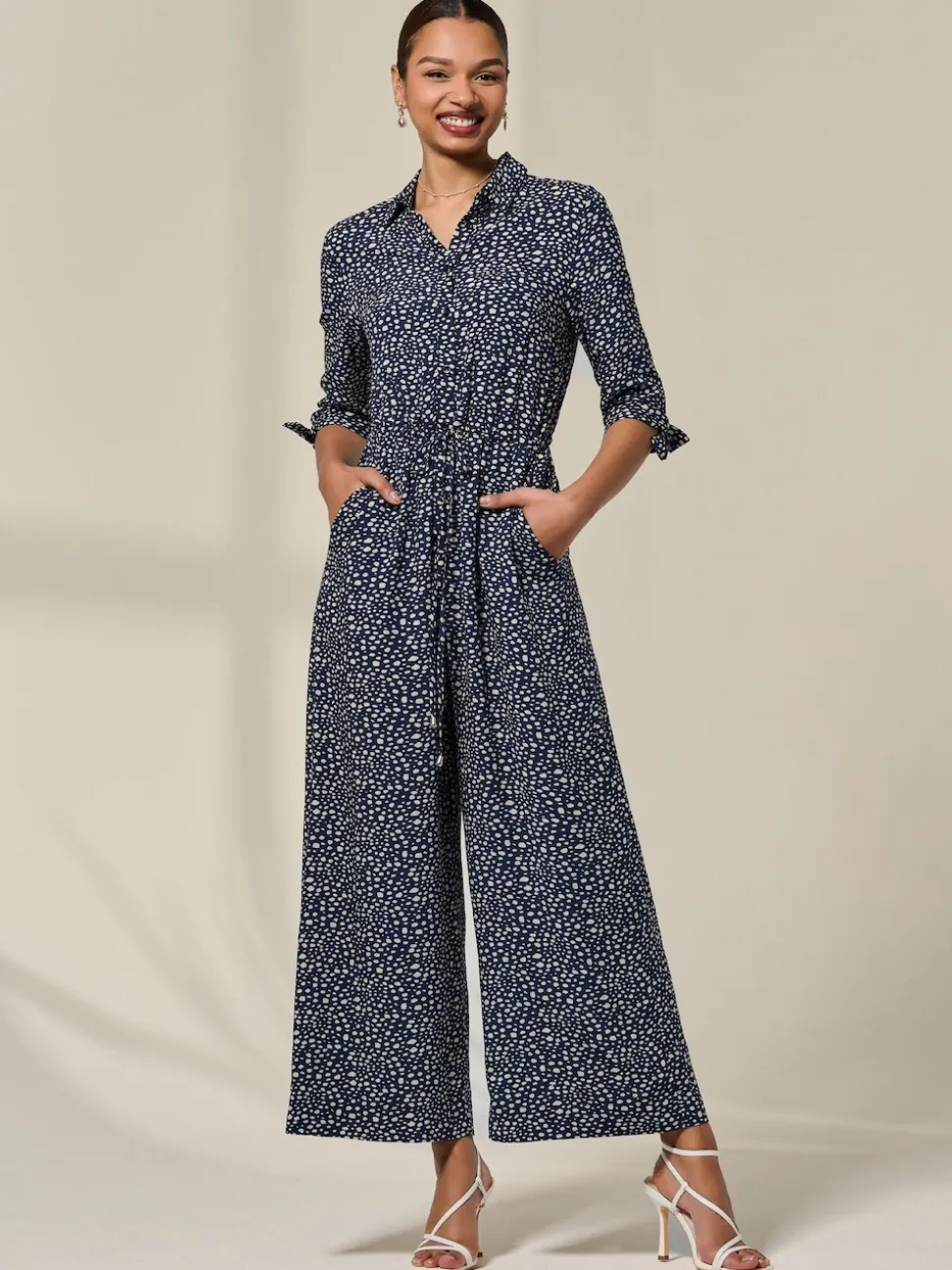 Jolie Moi Blue Tie Half Sleeve Wide Leg Jumpsuit