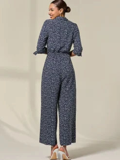 Jolie Moi Blue Tie Half Sleeve Wide Leg Jumpsuit