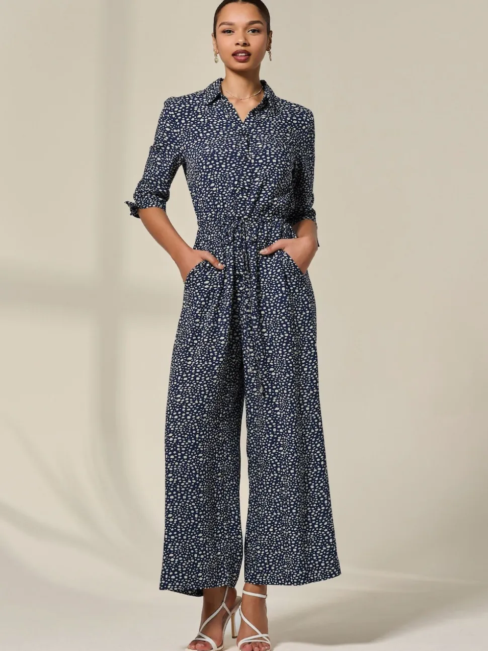 Jolie Moi Blue Tie Half Sleeve Wide Leg Jumpsuit