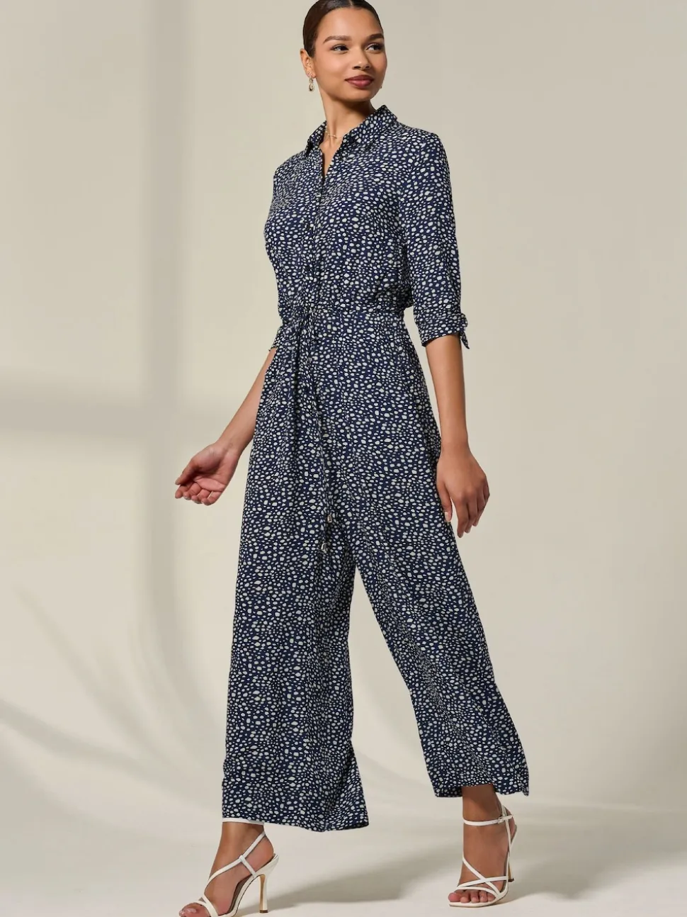 Jolie Moi Blue Tie Half Sleeve Wide Leg Jumpsuit