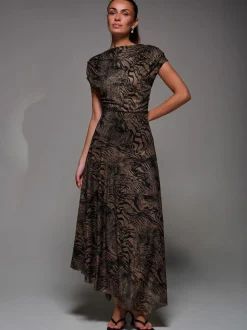 Jolie Moi Brown Asymmetrical Draped Slash Neck Midaxi Dress