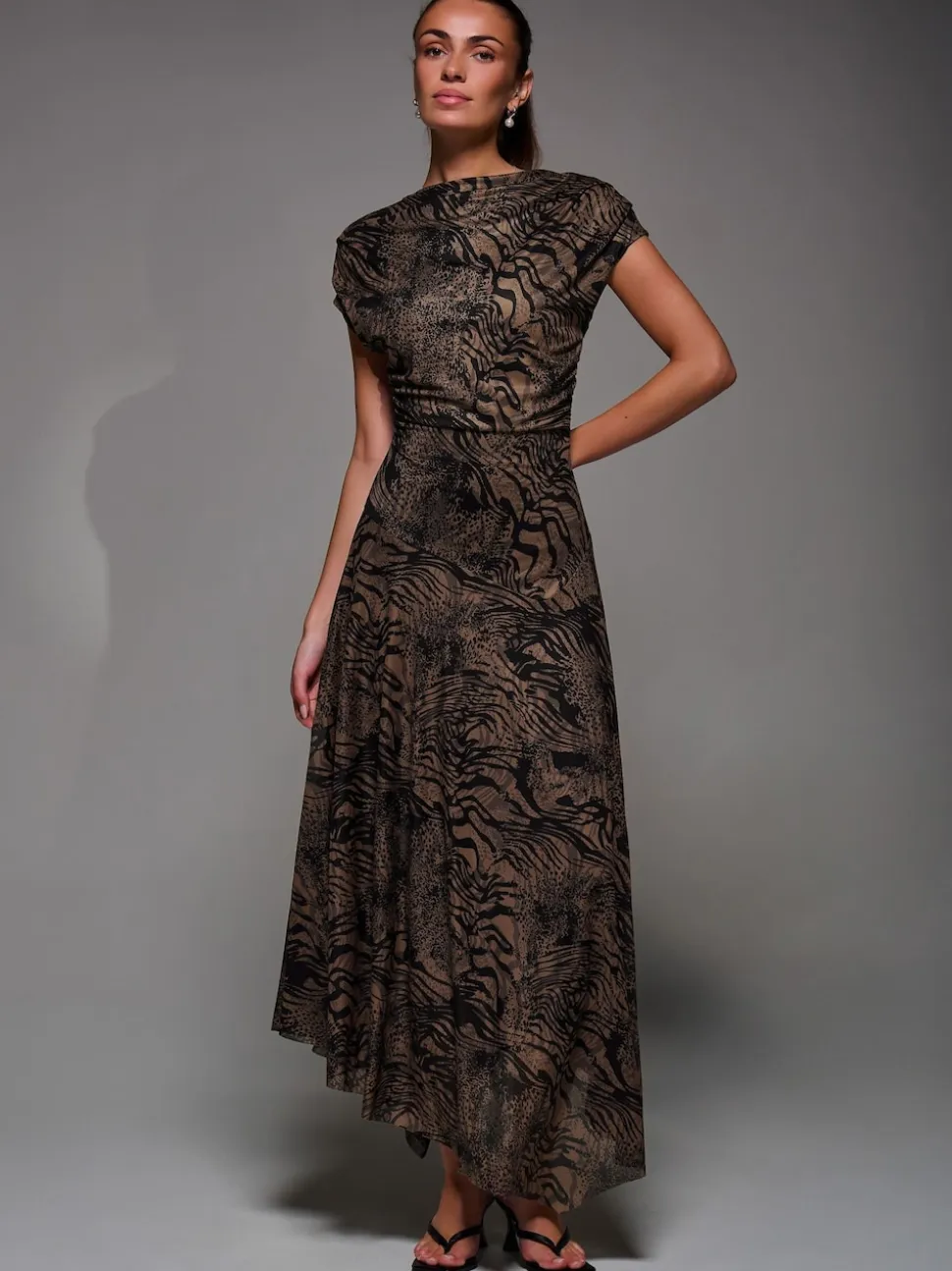 Jolie Moi Brown Asymmetrical Draped Slash Neck Midaxi Dress