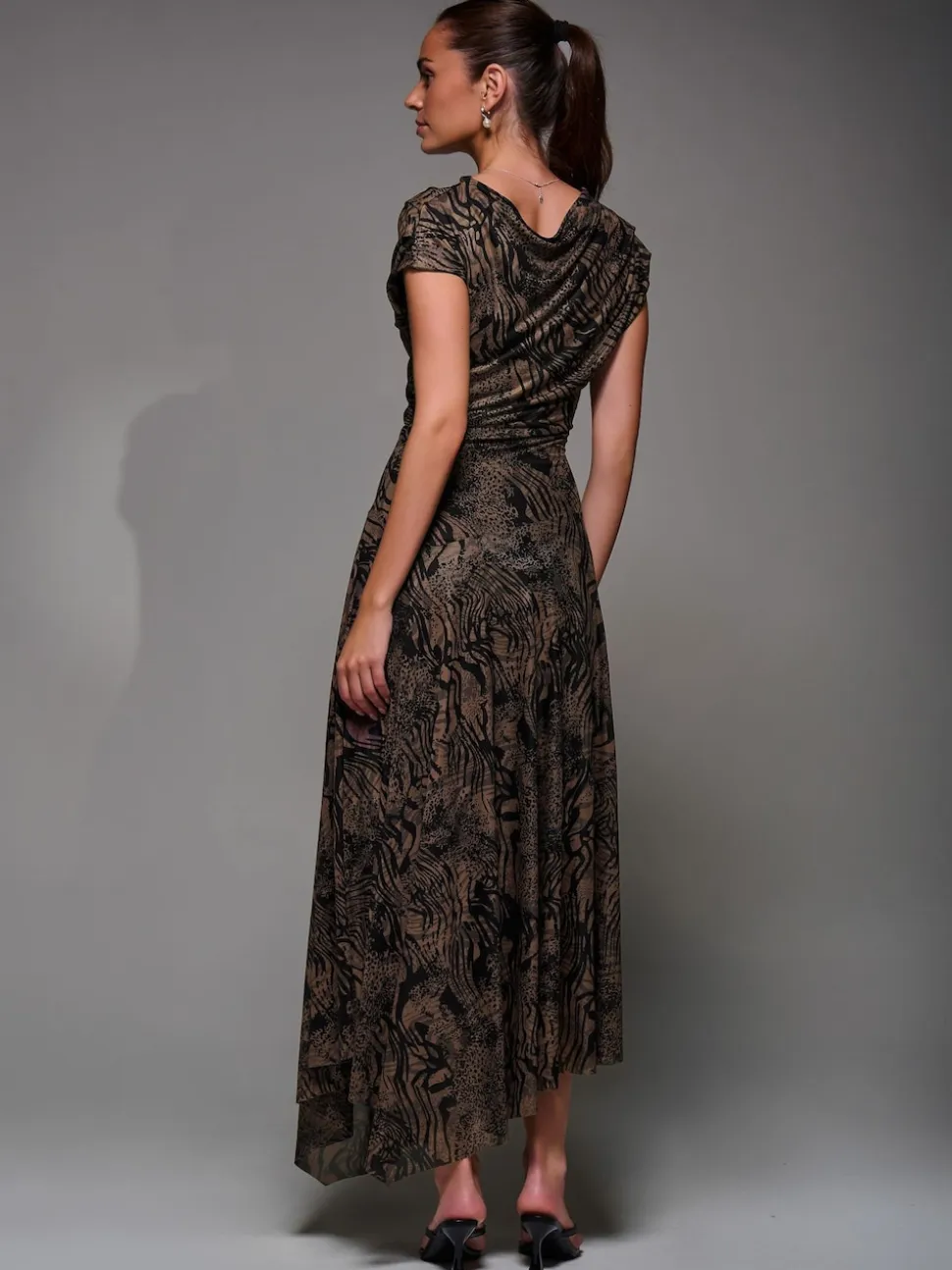 Jolie Moi Brown Asymmetrical Draped Slash Neck Midaxi Dress