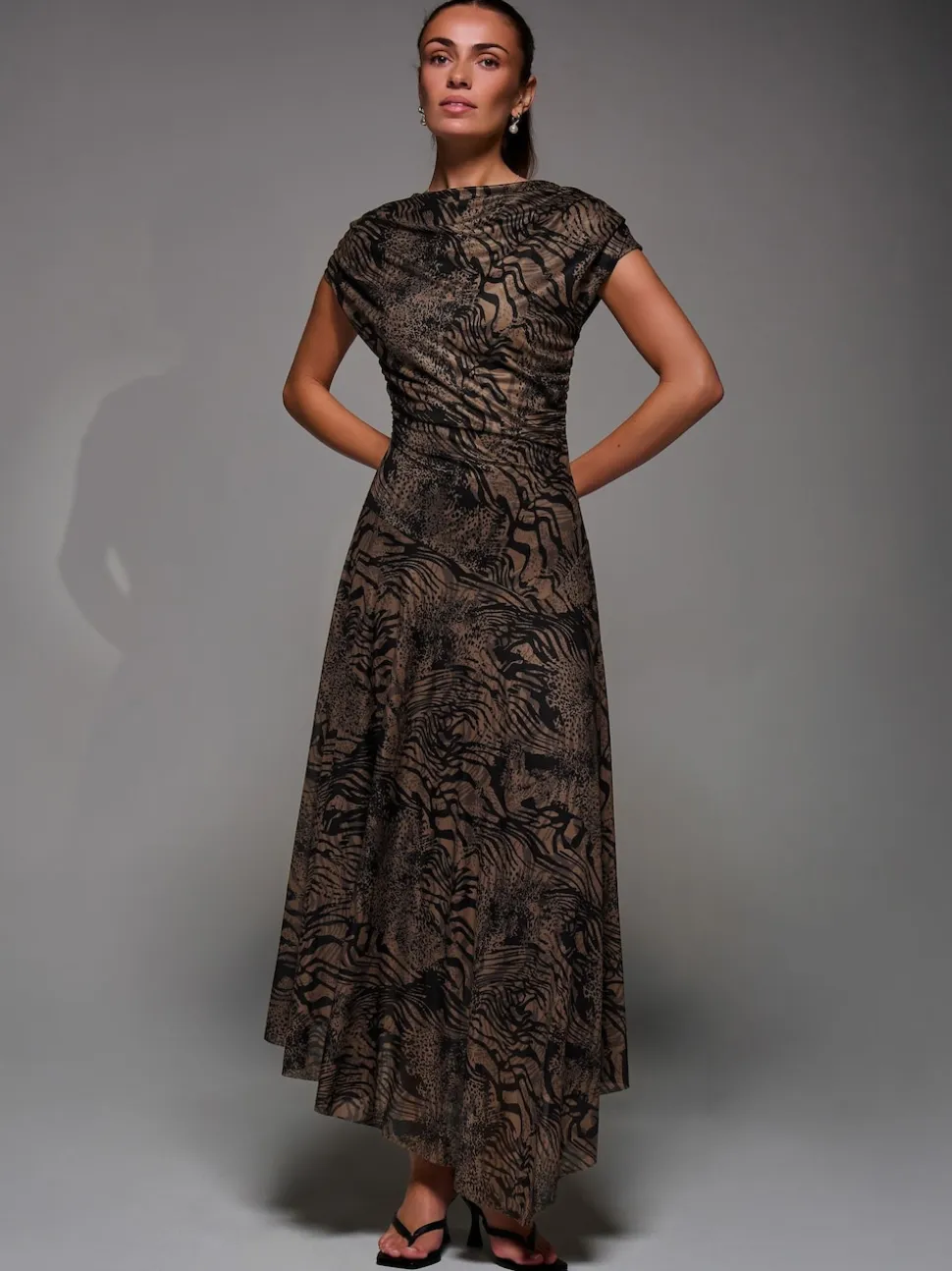 Jolie Moi Brown Asymmetrical Draped Slash Neck Midaxi Dress