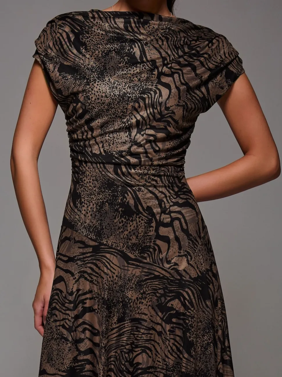 Jolie Moi Brown Asymmetrical Draped Slash Neck Midaxi Dress