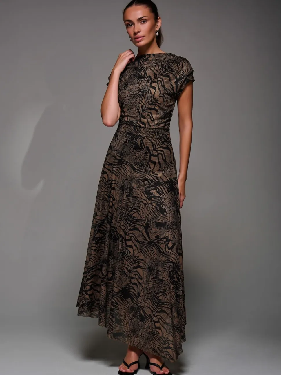 Jolie Moi Brown Asymmetrical Draped Slash Neck Midaxi Dress
