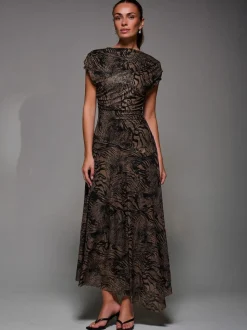 Jolie Moi Brown Asymmetrical Draped Slash Neck Midaxi Dress