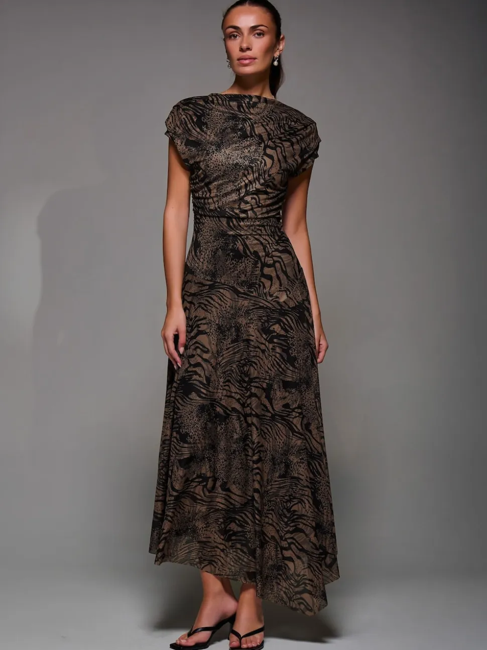 Jolie Moi Brown Asymmetrical Draped Slash Neck Midaxi Dress