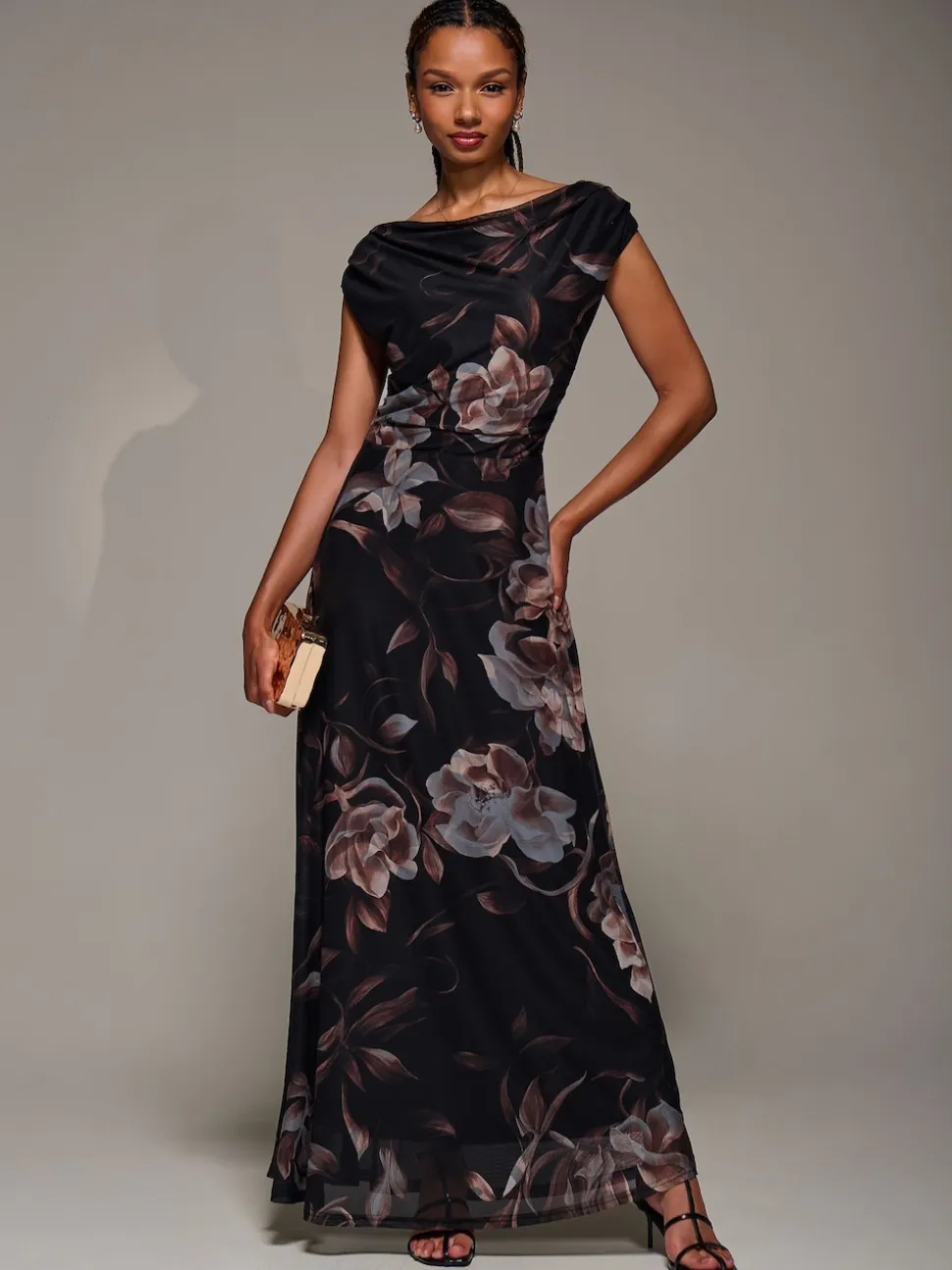 Jolie Moi Brown Asymmetric Neck Mesh Maxi Dress
