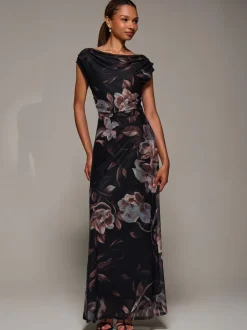 Jolie Moi Brown Asymmetric Neck Mesh Maxi Dress