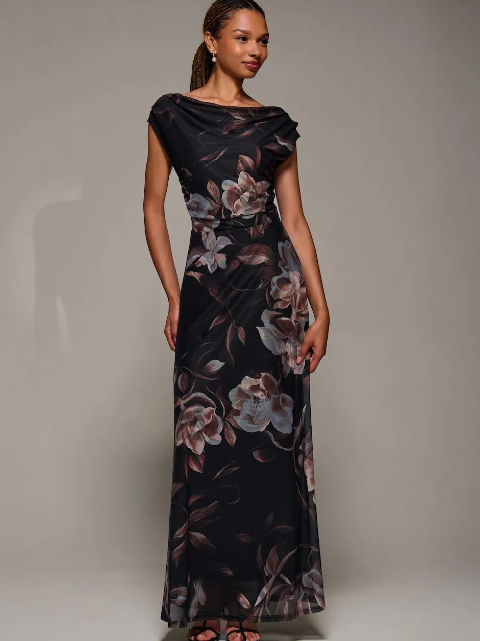 Jolie Moi Brown Asymmetric Neck Mesh Maxi Dress