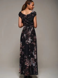 Jolie Moi Brown Asymmetric Neck Mesh Maxi Dress