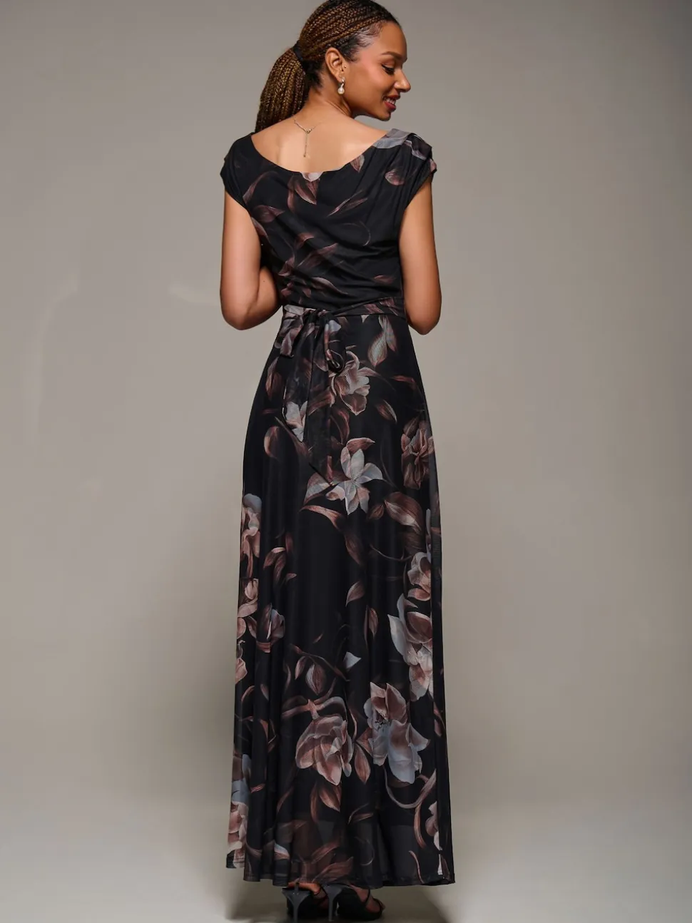 Jolie Moi Brown Asymmetric Neck Mesh Maxi Dress