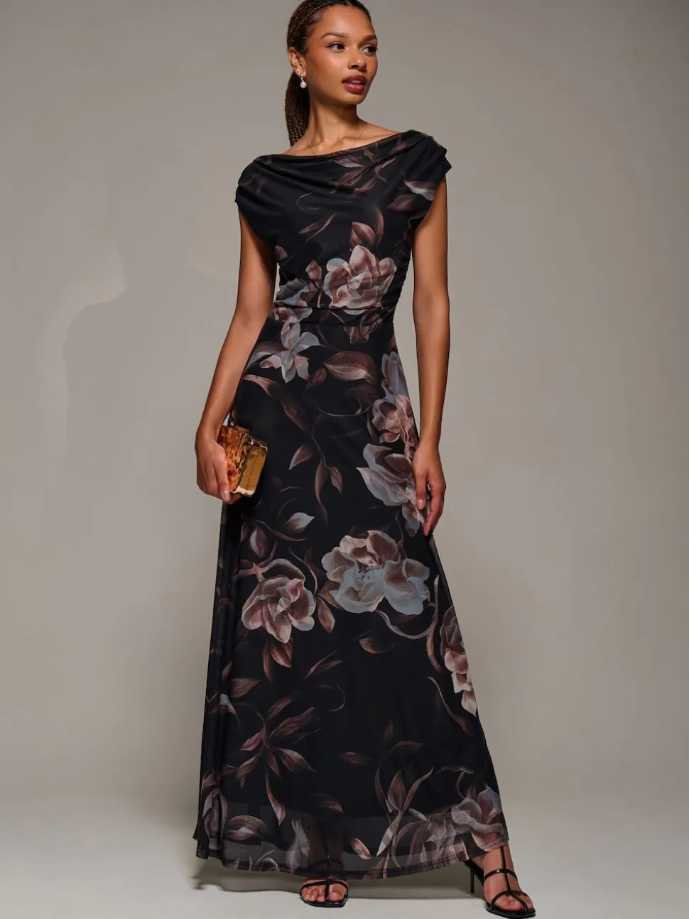 Jolie Moi Brown Asymmetric Neck Mesh Maxi Dress