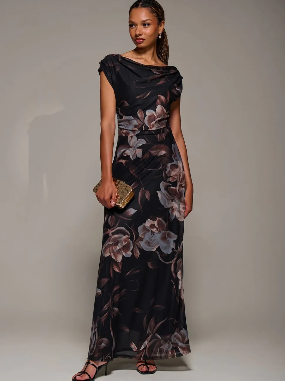 Jolie Moi Brown Asymmetric Neck Mesh Maxi Dress