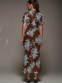 Jolie Moi Brown High Neck Angel Sleeve Chiffon Maxi Dress