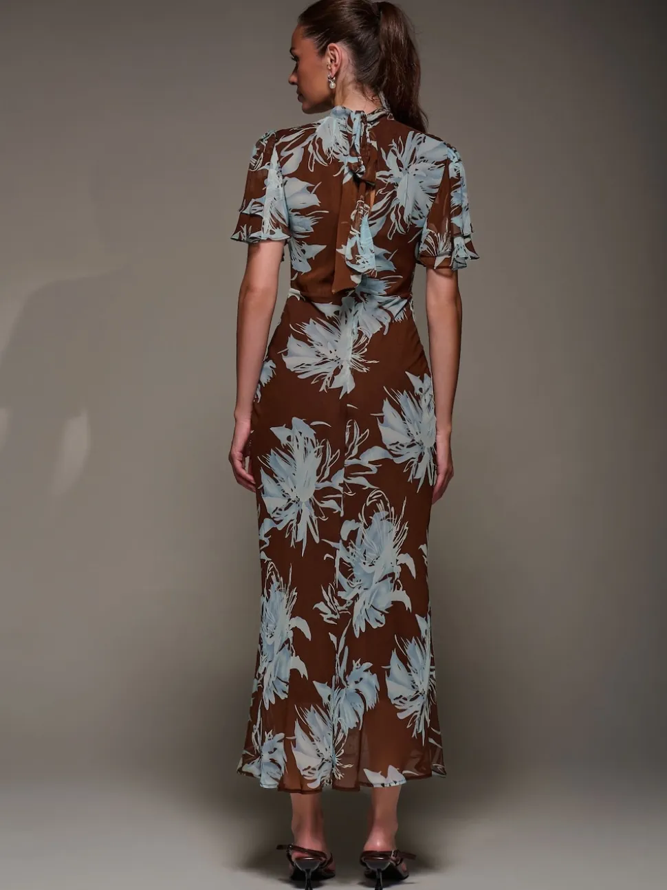 Jolie Moi Brown High Neck Angel Sleeve Chiffon Maxi Dress