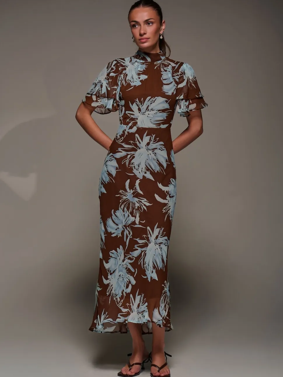 Jolie Moi Brown High Neck Angel Sleeve Chiffon Maxi Dress