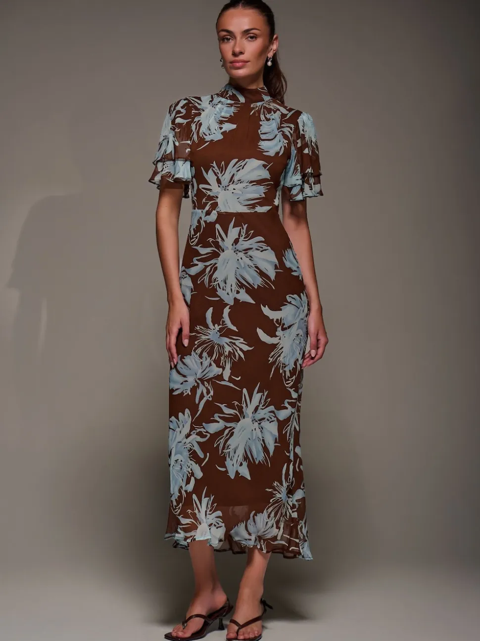 Jolie Moi Brown High Neck Angel Sleeve Chiffon Maxi Dress