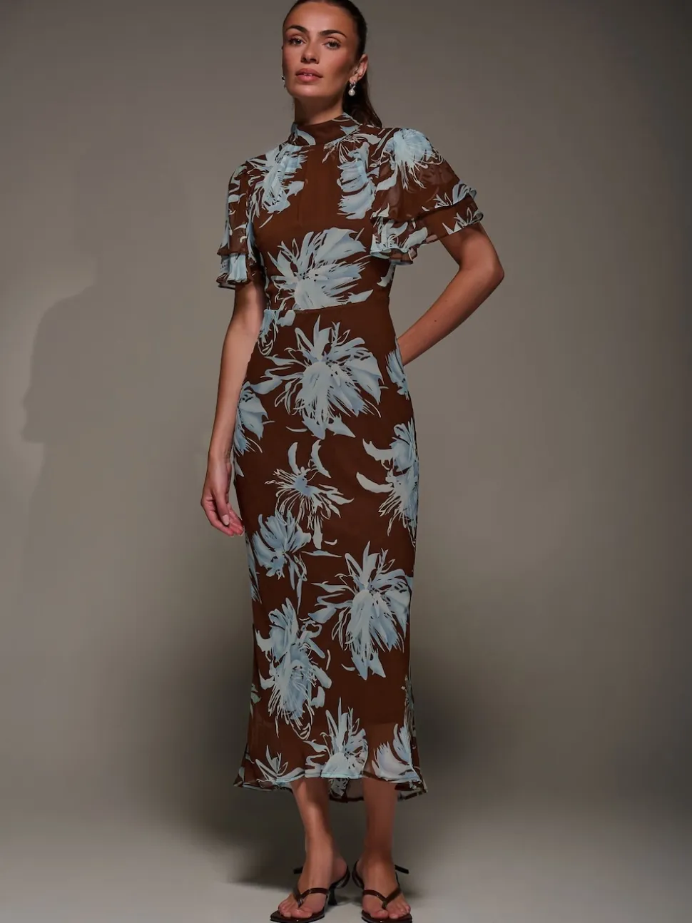 Jolie Moi Brown High Neck Angel Sleeve Chiffon Maxi Dress