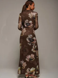 Jolie Moi Brown High Neck Long Sleeve Mesh Maxi Dress