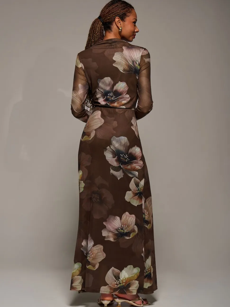 Jolie Moi Brown High Neck Long Sleeve Mesh Maxi Dress
