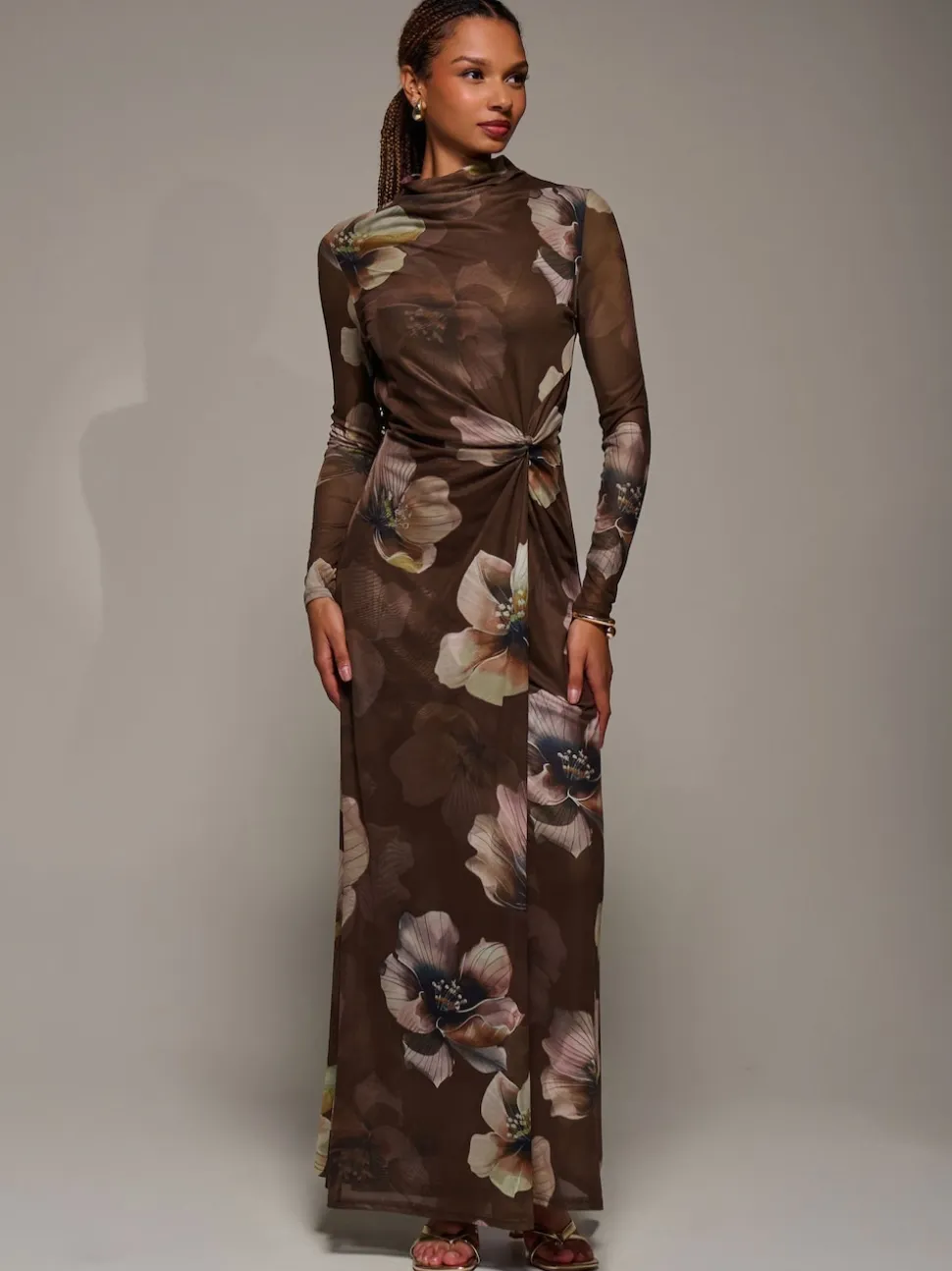 Jolie Moi Brown High Neck Long Sleeve Mesh Maxi Dress