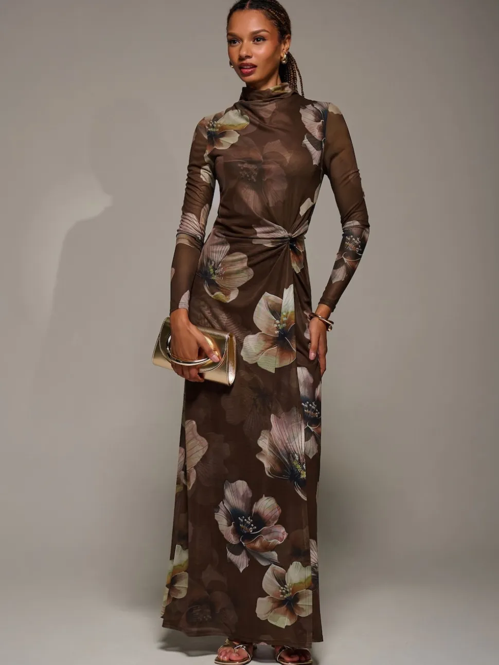 Jolie Moi Brown High Neck Long Sleeve Mesh Maxi Dress